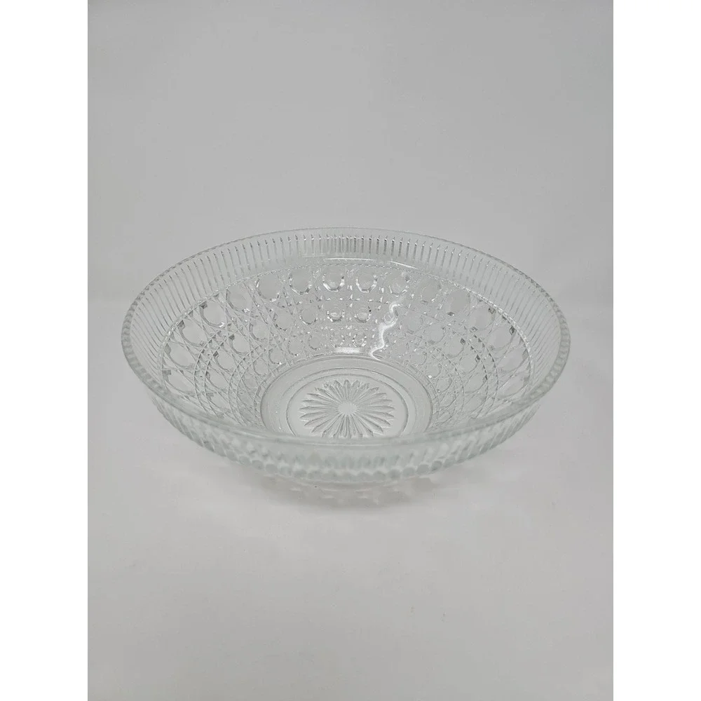 Vintage Clear Pressed Glass Serving Bowl Diamond‎ Point Thumbprint Starburst 8in